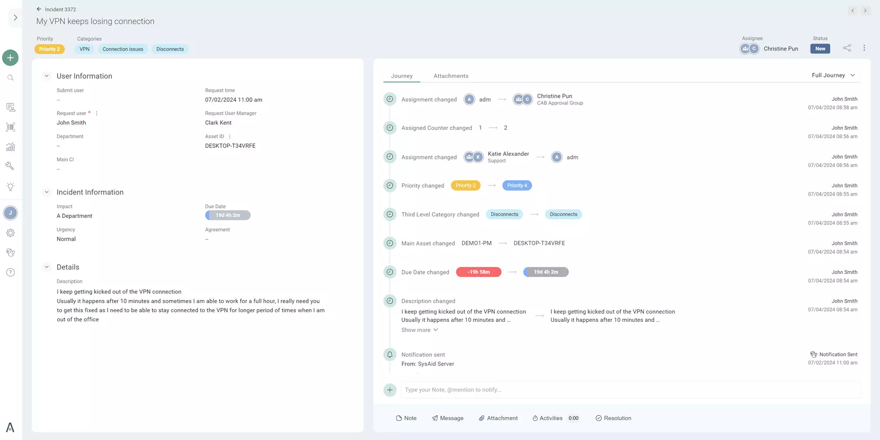 SysAid ticket page after